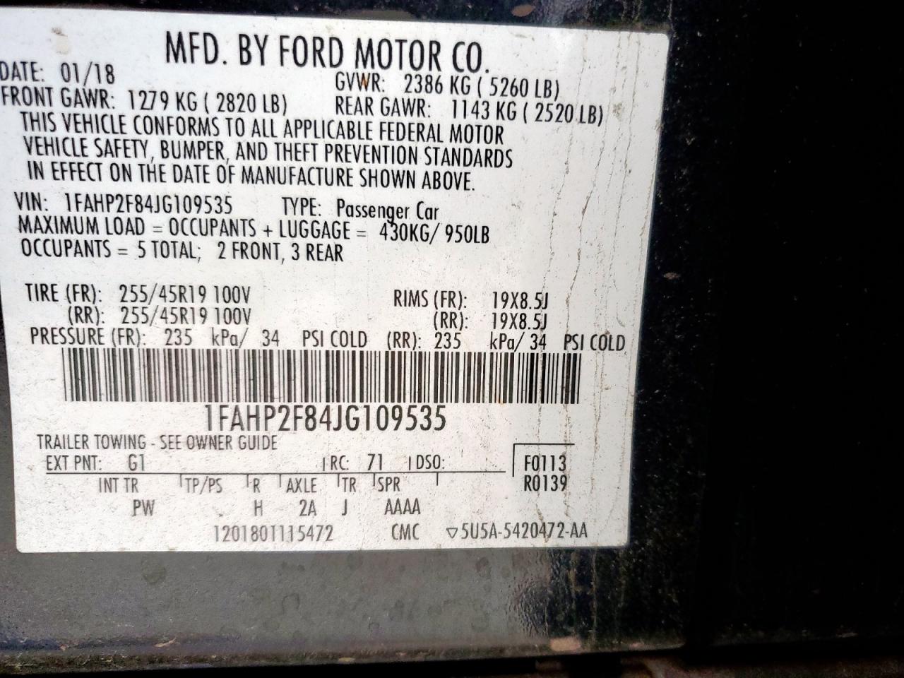 2018 Ford Taurus Limited VIN: 1FAHP2F84JG109535 Lot: 70688295