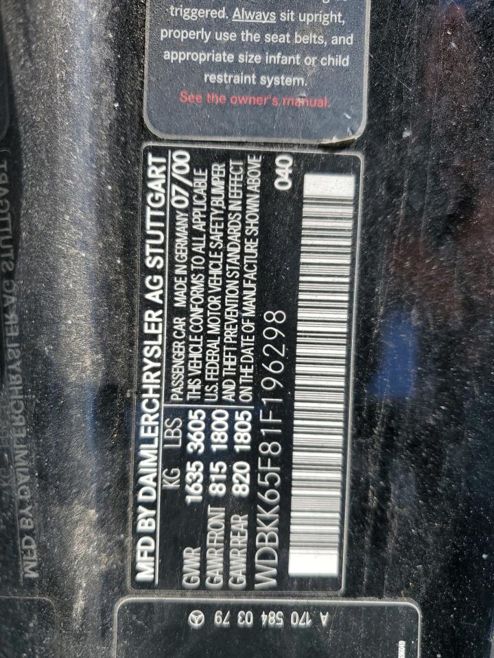 2001 Mercedes-Benz Slk 320 VIN: WDBKK65F81F196298 Lot: 71305785