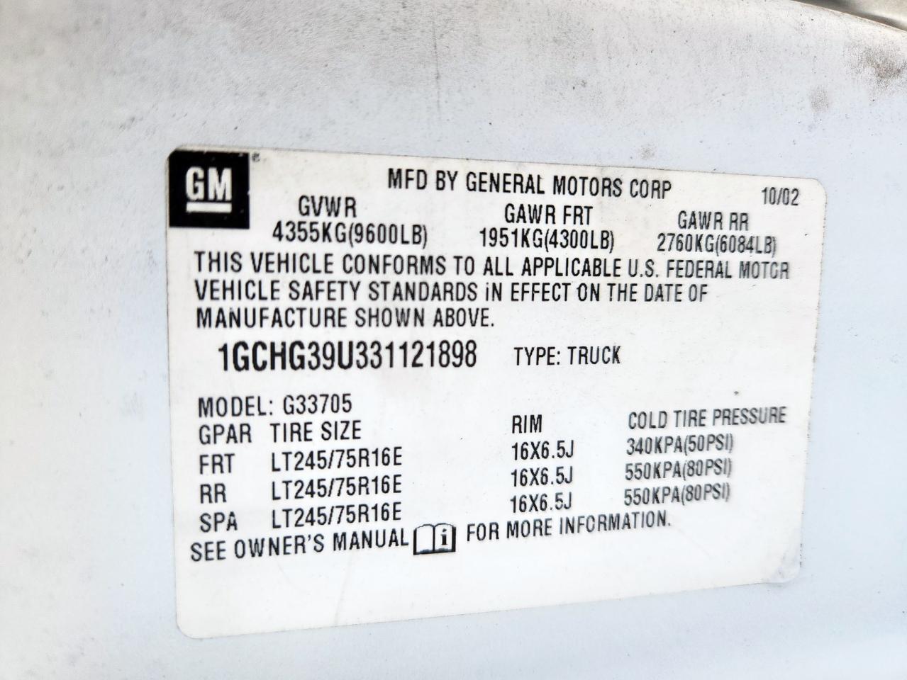 2003 Chevrolet Express G3500 VIN: 1GCHG39U331121898 Lot: 81123405