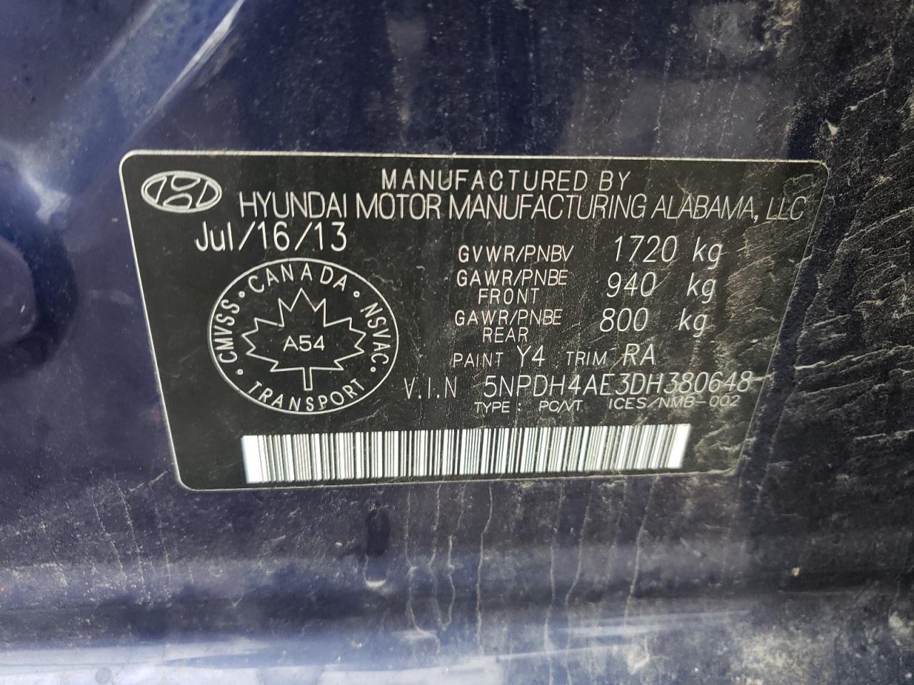 2013 Hyundai Elantra Gls VIN: 5NPDH4AE3DH380648 Lot: 82064835