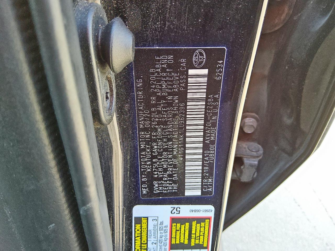 2020 Toyota Camry Se VIN: 4T1G11AK1LU962396 Lot: 71950725