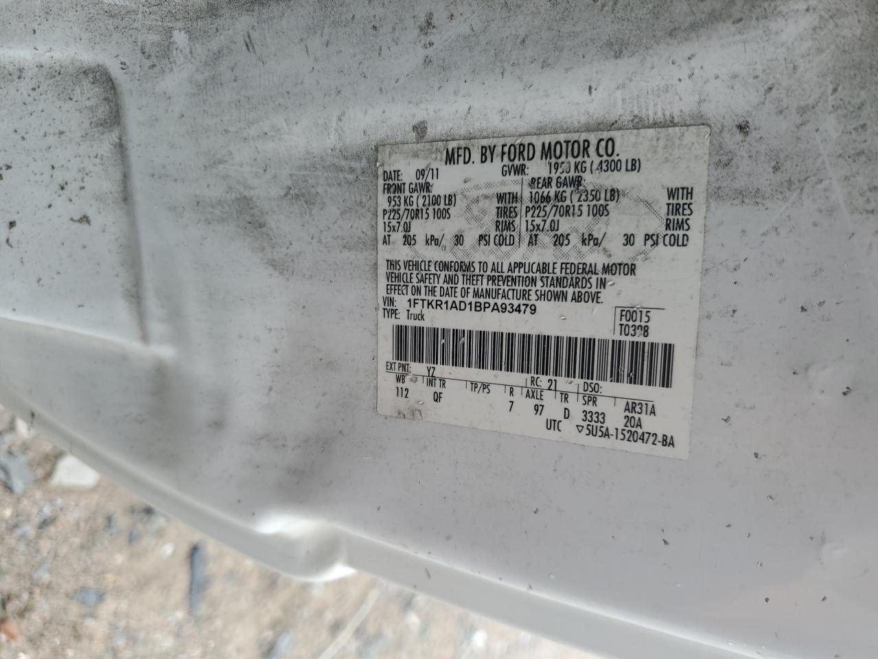 2011 Ford Ranger VIN: 1FTKR1AD1BPA93479 Lot: 84428745