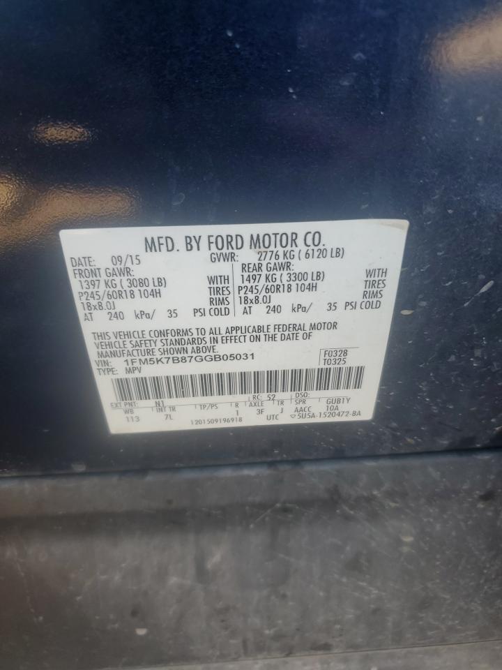 2016 Ford Explorer VIN: 1FM5K7B87GGB05031 Lot: 80511945