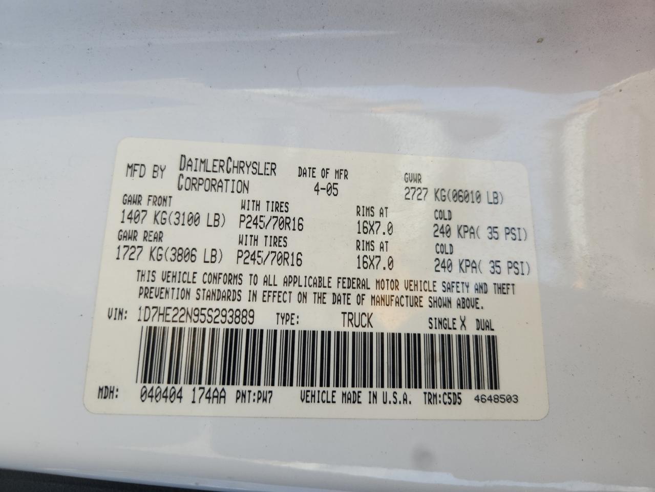 2005 Dodge Dakota St VIN: 1D7HE22N95S293889 Lot: 81187145