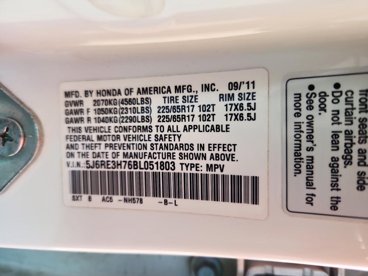 2011 Honda Cr-V Exl VIN: 5J6RE3H76BL051803 Lot: 71715125