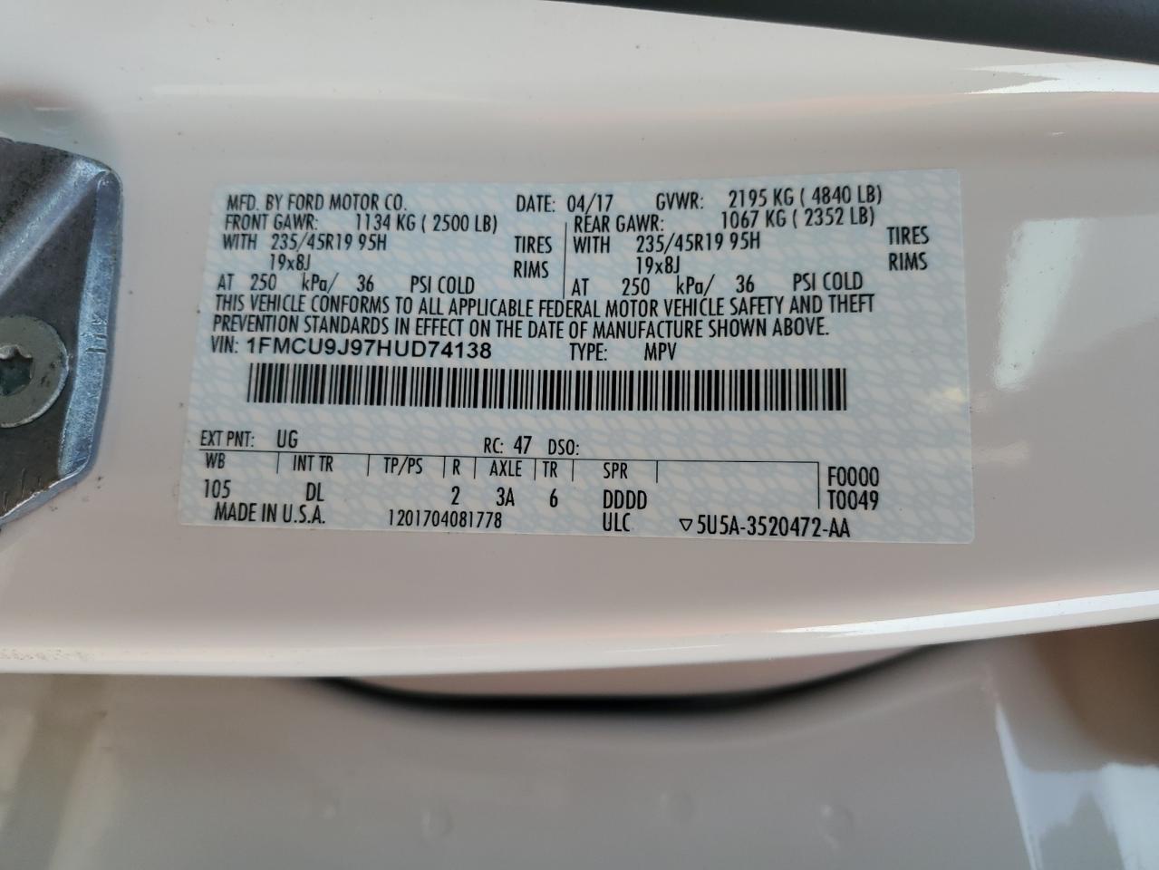 2017 Ford Escape Titanium VIN: 1FMCU9J97HUD74138 Lot: 80317255