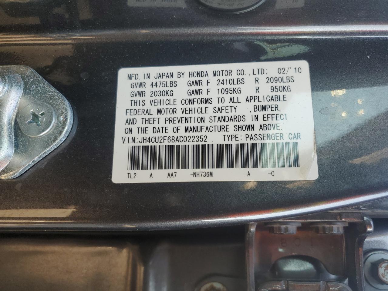 2010 Acura Tsx VIN: JH4CU2F68AC022352 Lot: 80333885