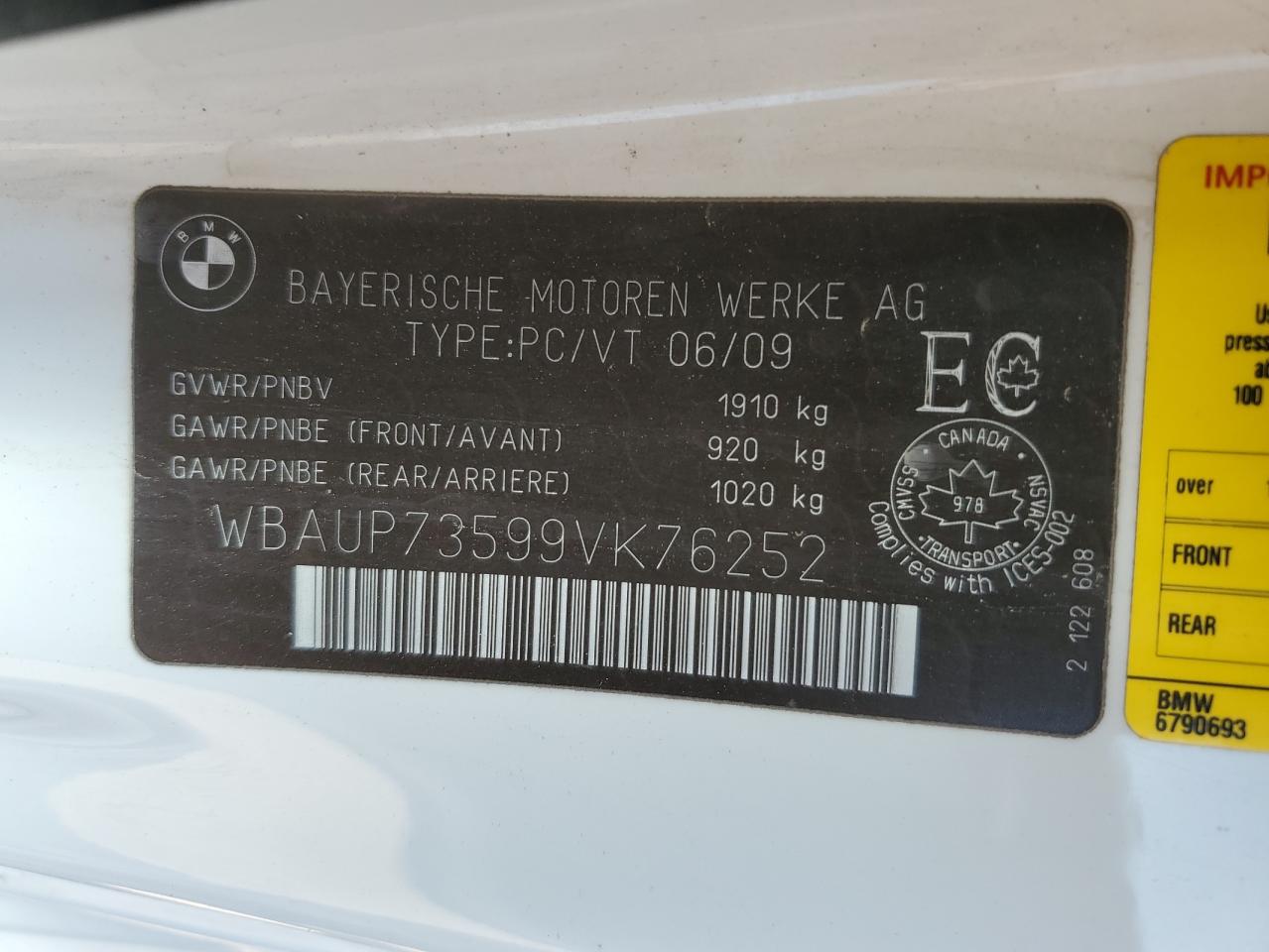2009 BMW 128 I VIN: WBAUP73599VK76252 Lot: 80581615