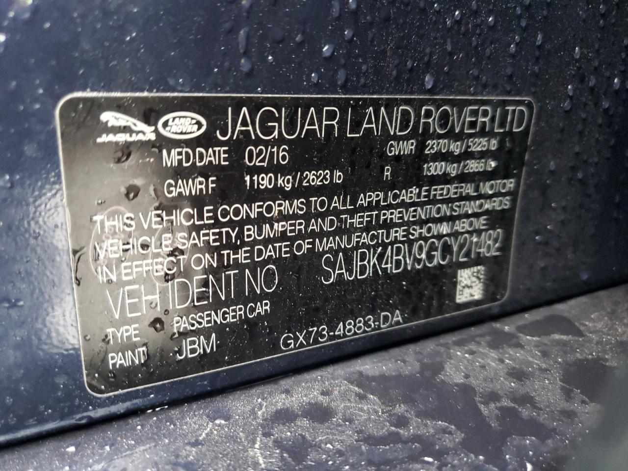 2016 Jaguar Xf Prestige VIN: SAJBK4BV9GCY21482 Lot: 81254335