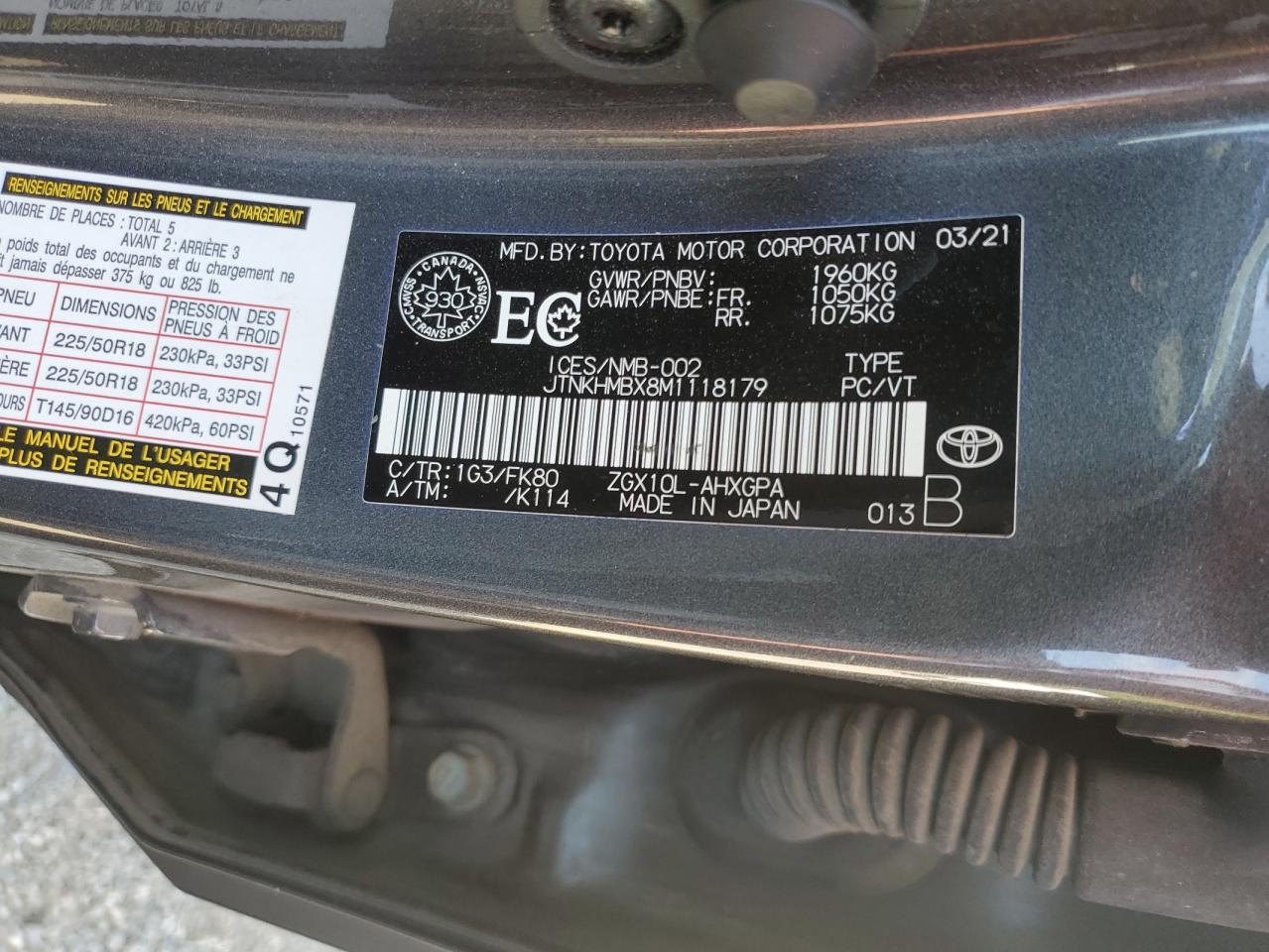 2021 Toyota C-Hr Xle VIN: JTNKHMBX8M1118179 Lot: 80117665