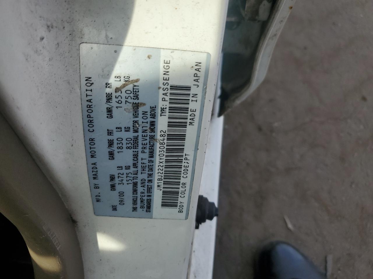 2000 Mazda Protege Dx VIN: JM1BJ222XY0308482 Lot: 84620975