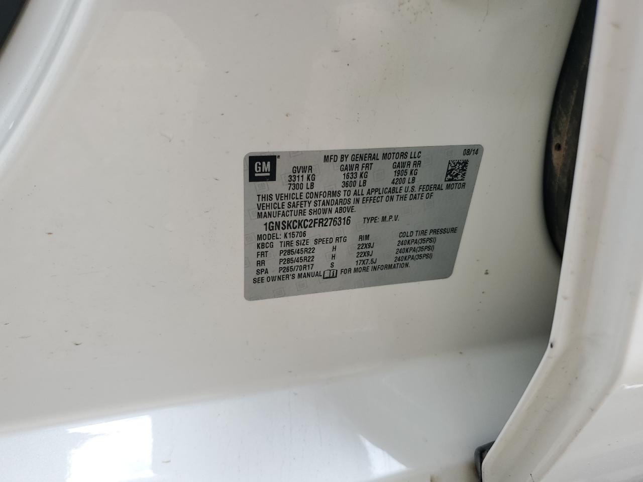 2015 Chevrolet Tahoe K1500 Ltz VIN: 1GNSKCKC2FR276316 Lot: 81121415