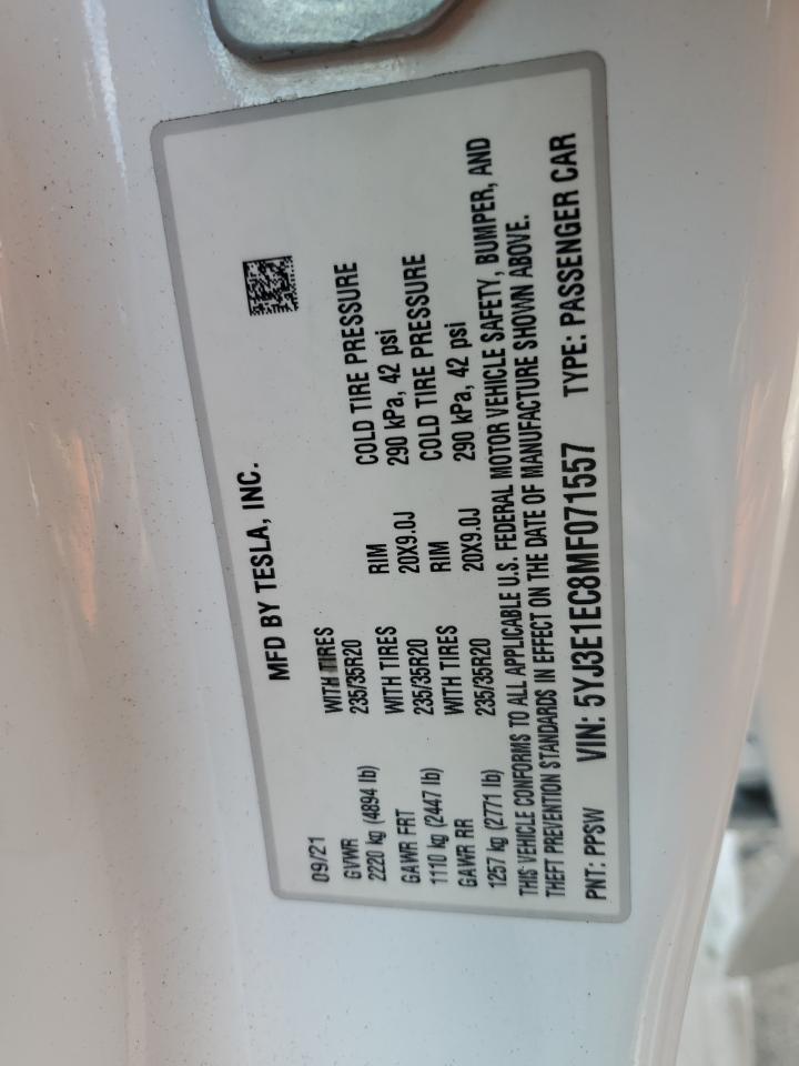 2021 Tesla Model 3 VIN: 5YJ3E1EC8MF071557 Lot: 81498975