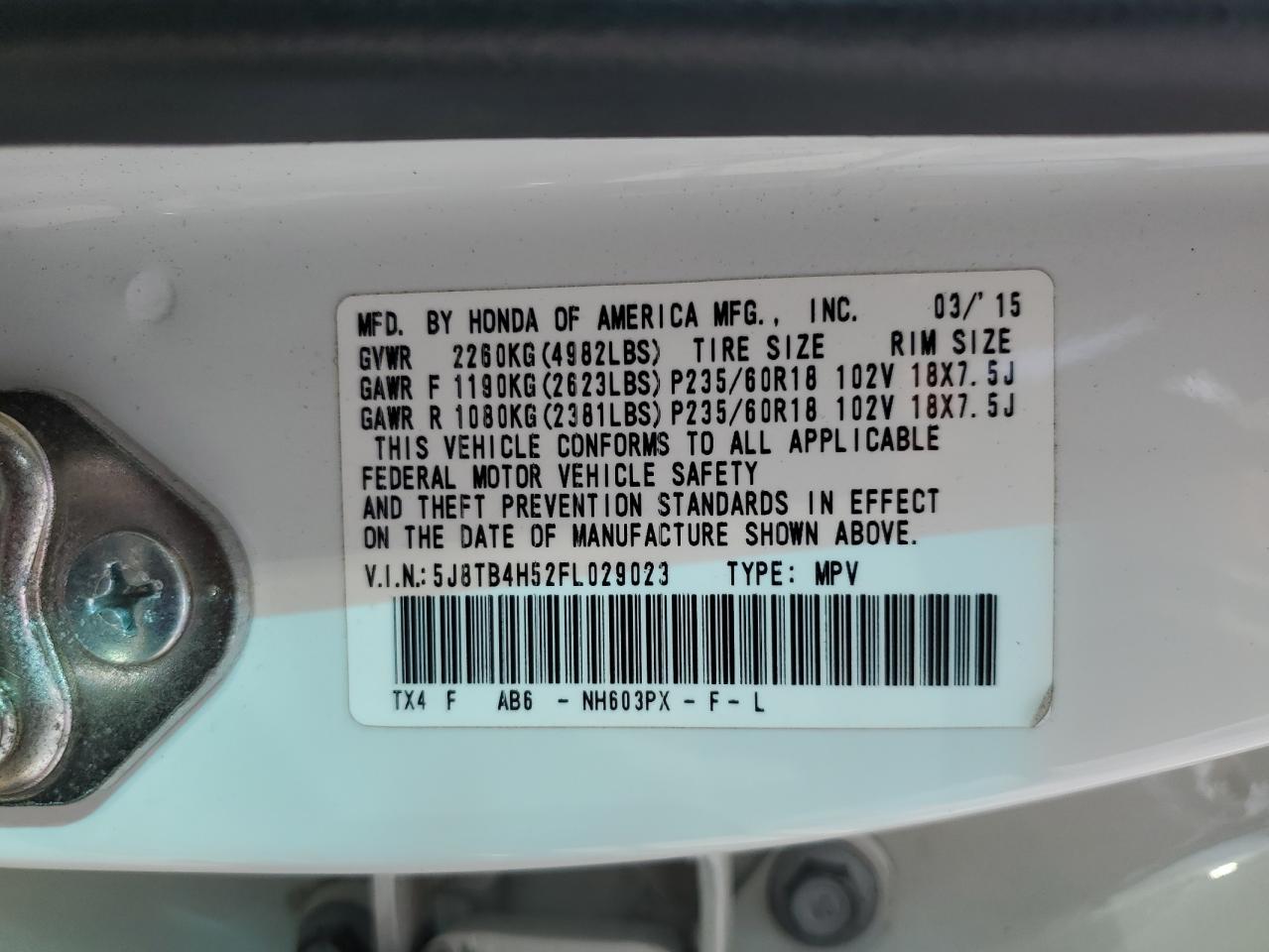 2015 Acura Rdx Technology VIN: 5J8TB4H52FL029023 Lot: 70726605