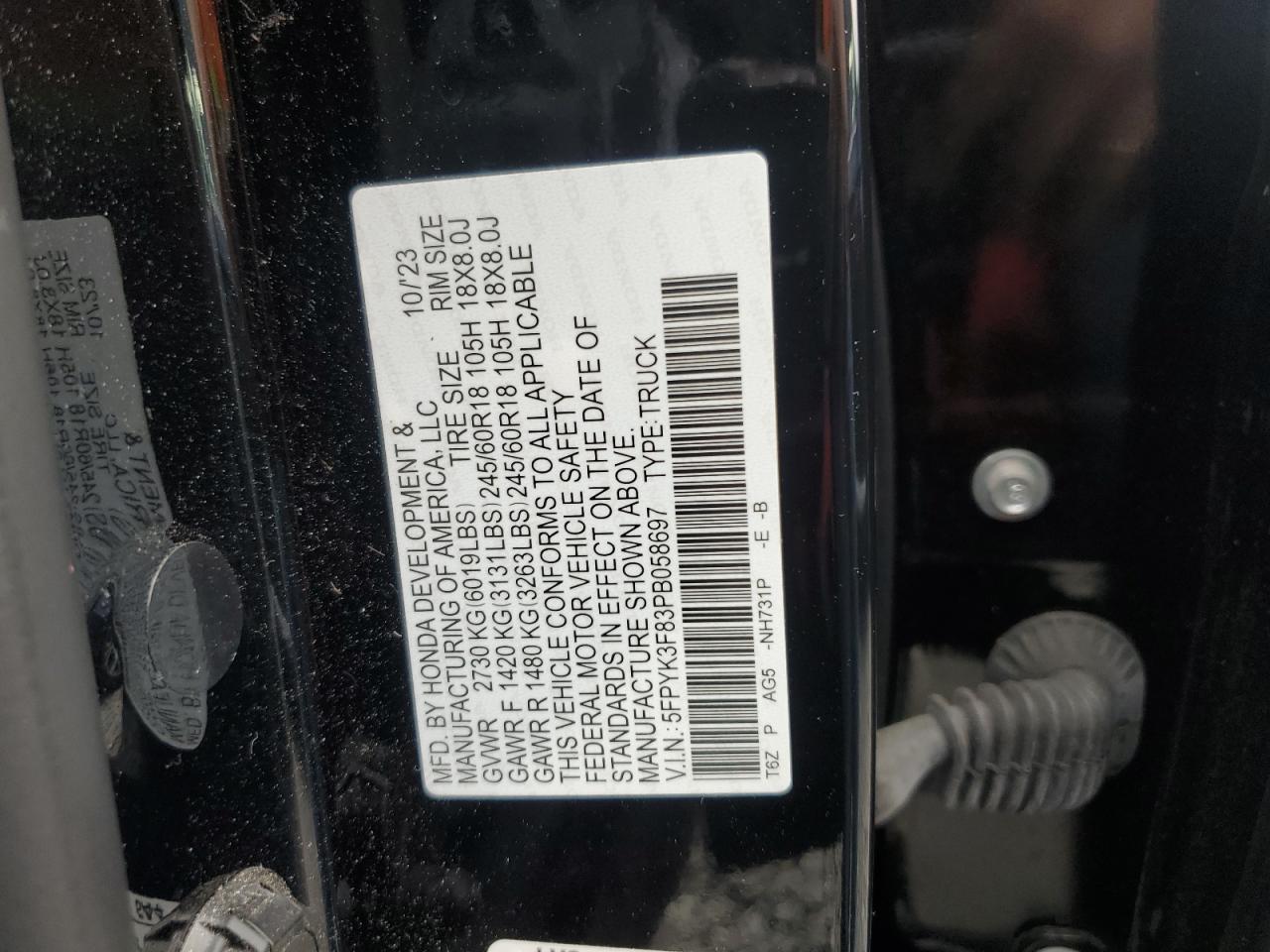 2023 Honda Ridgeline Black Edition VIN: 5FPYK3F83PB058697 Lot: 80989185