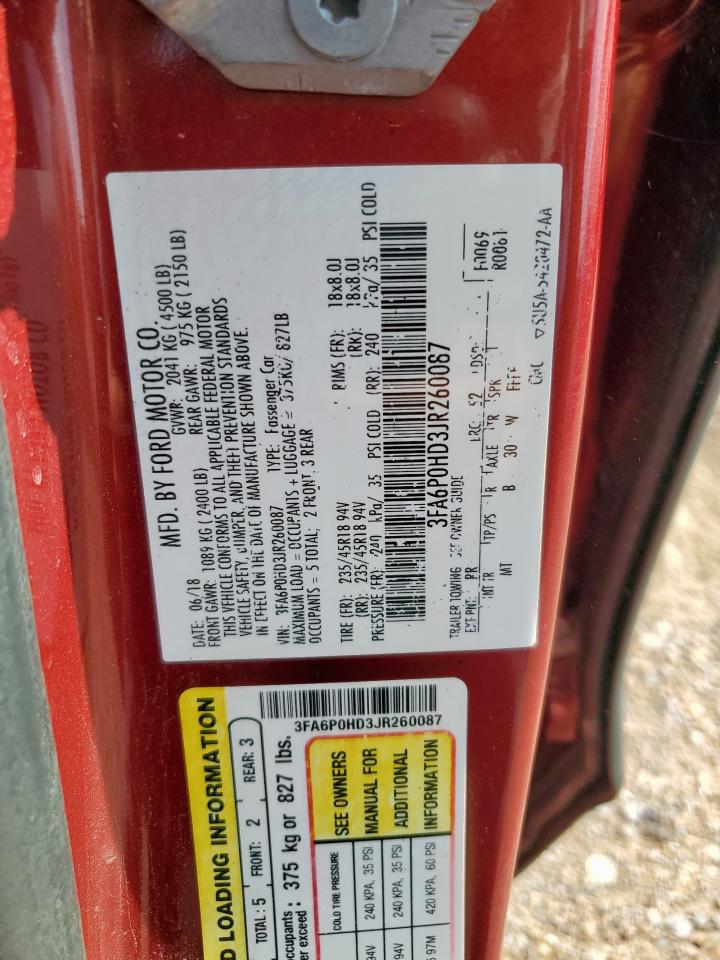 2018 Ford Fusion Se VIN: 3FA6P0HD3JR260087 Lot: 84795655