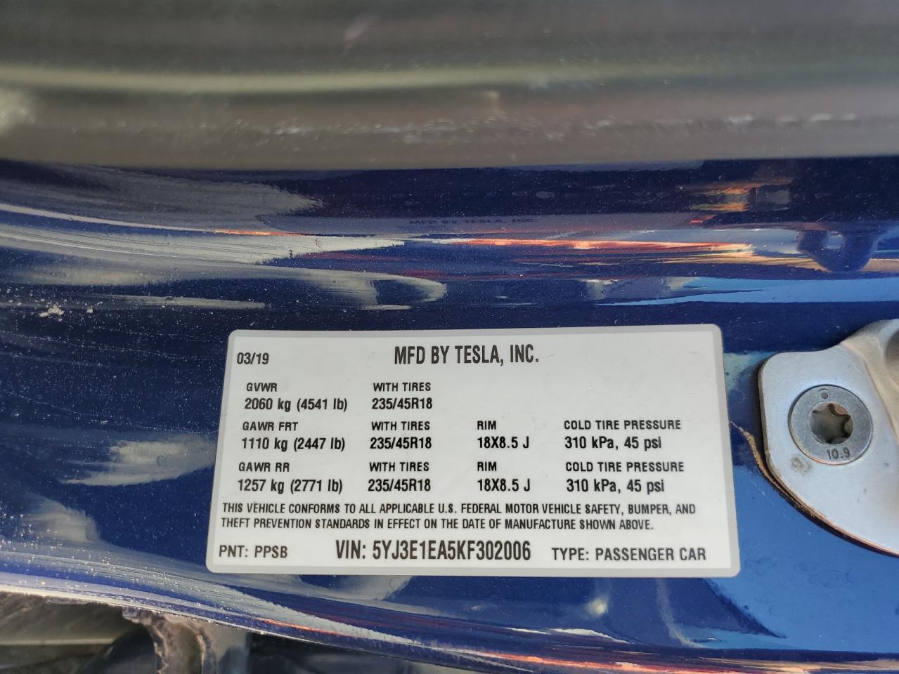 2019 Tesla Model 3 VIN: 5YJ3E1EA5KF302006 Lot: 80696405