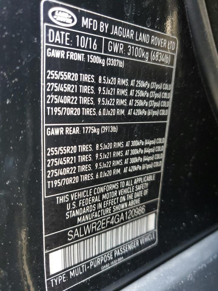 2016 Land Rover Range Rover Sport Sc VIN: SALWR2EF4GA120986 Lot: 70730785