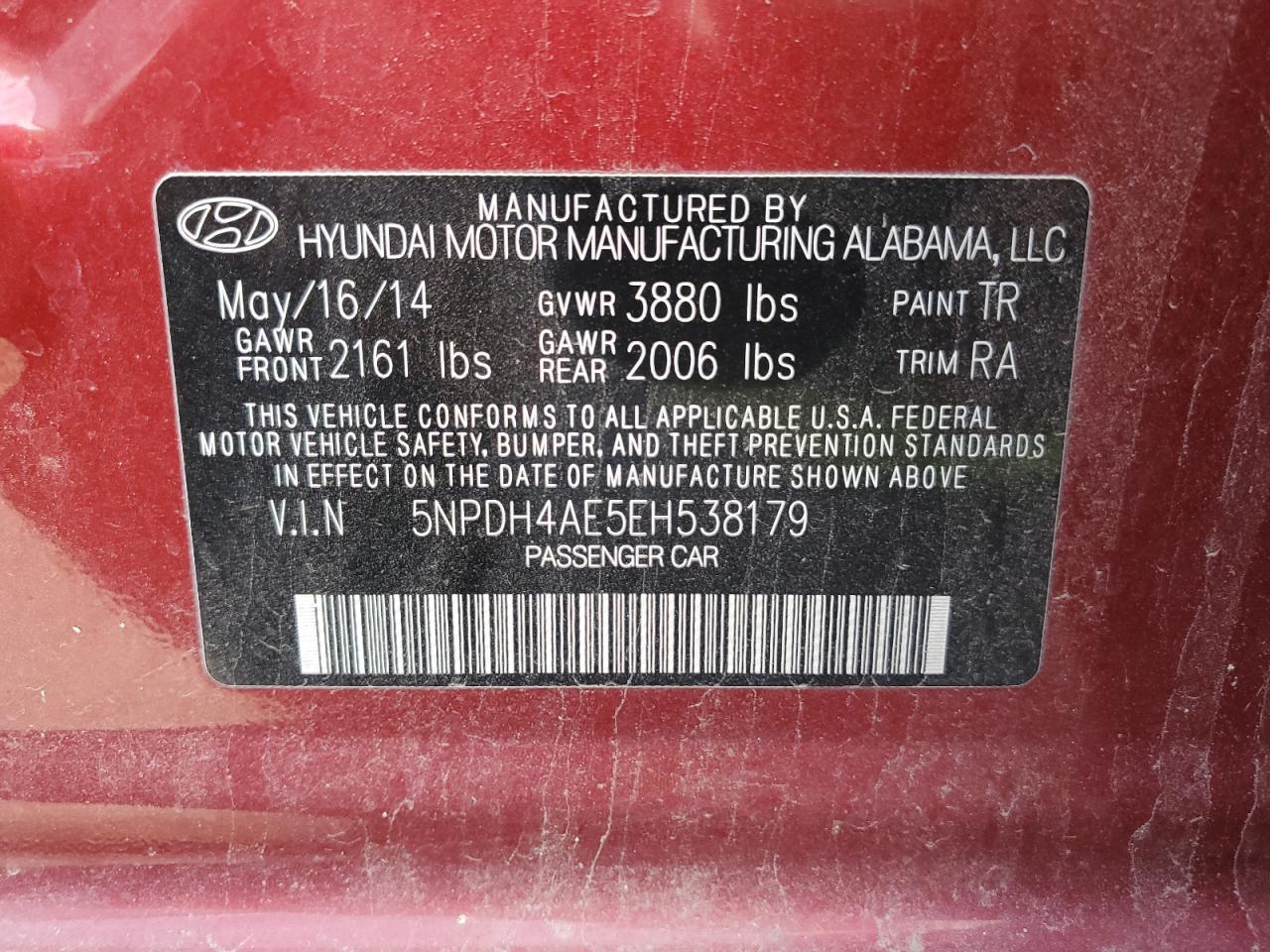 2014 Hyundai Elantra Se VIN: 5NPDH4AE5EH538179 Lot: 80272265