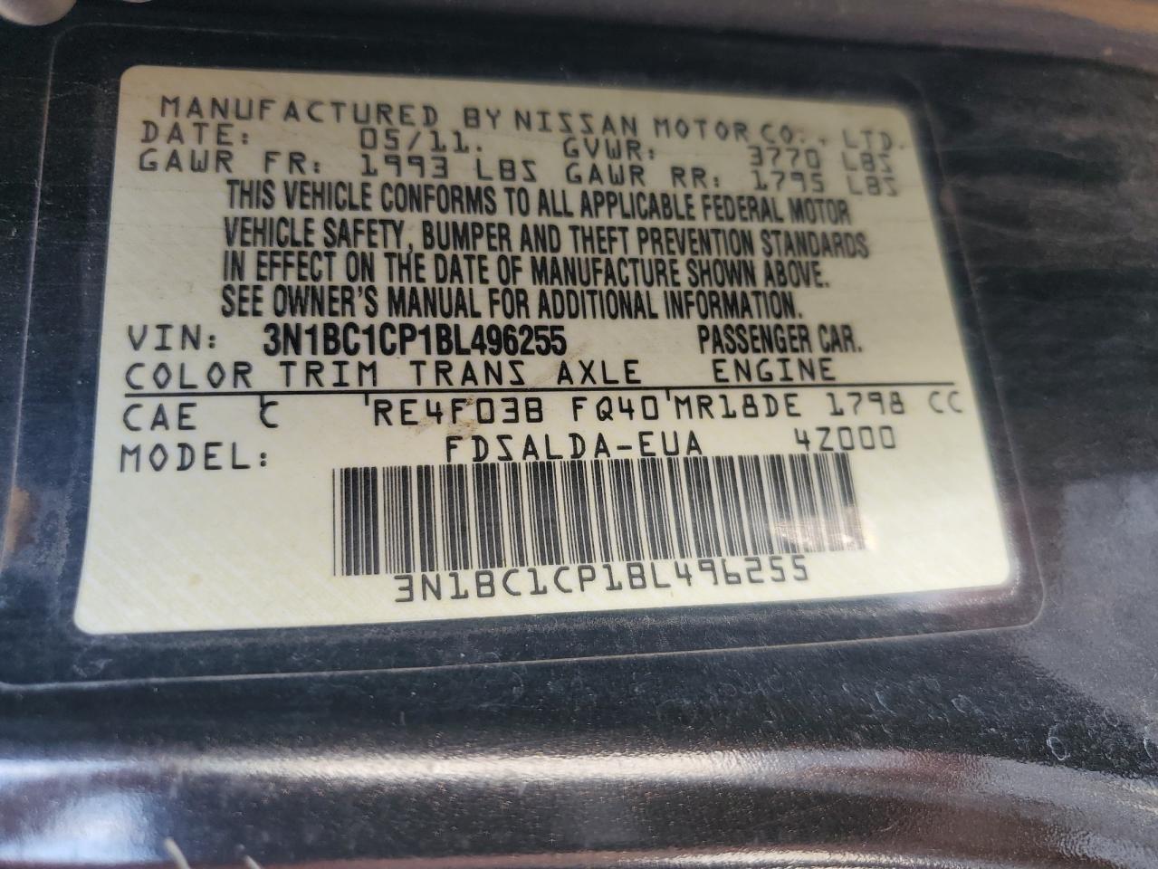 2011 Nissan Versa S VIN: 3N1BC1CP1BL496255 Lot: 80988025