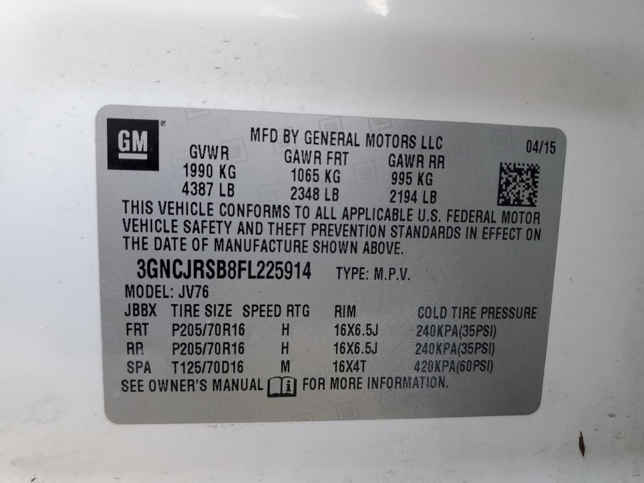 2015 Chevrolet Trax 1Lt VIN: 3GNCJRSB8FL225914 Lot: 70957325