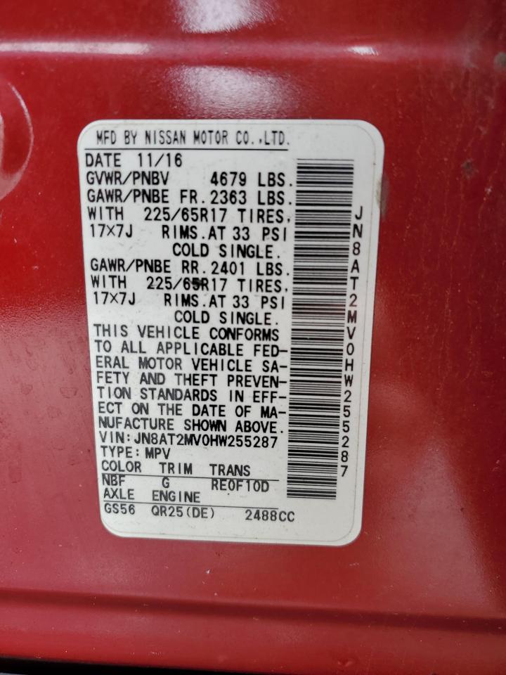 2017 Nissan Rogue S VIN: JN8AT2MV0HW255287 Lot: 81738445