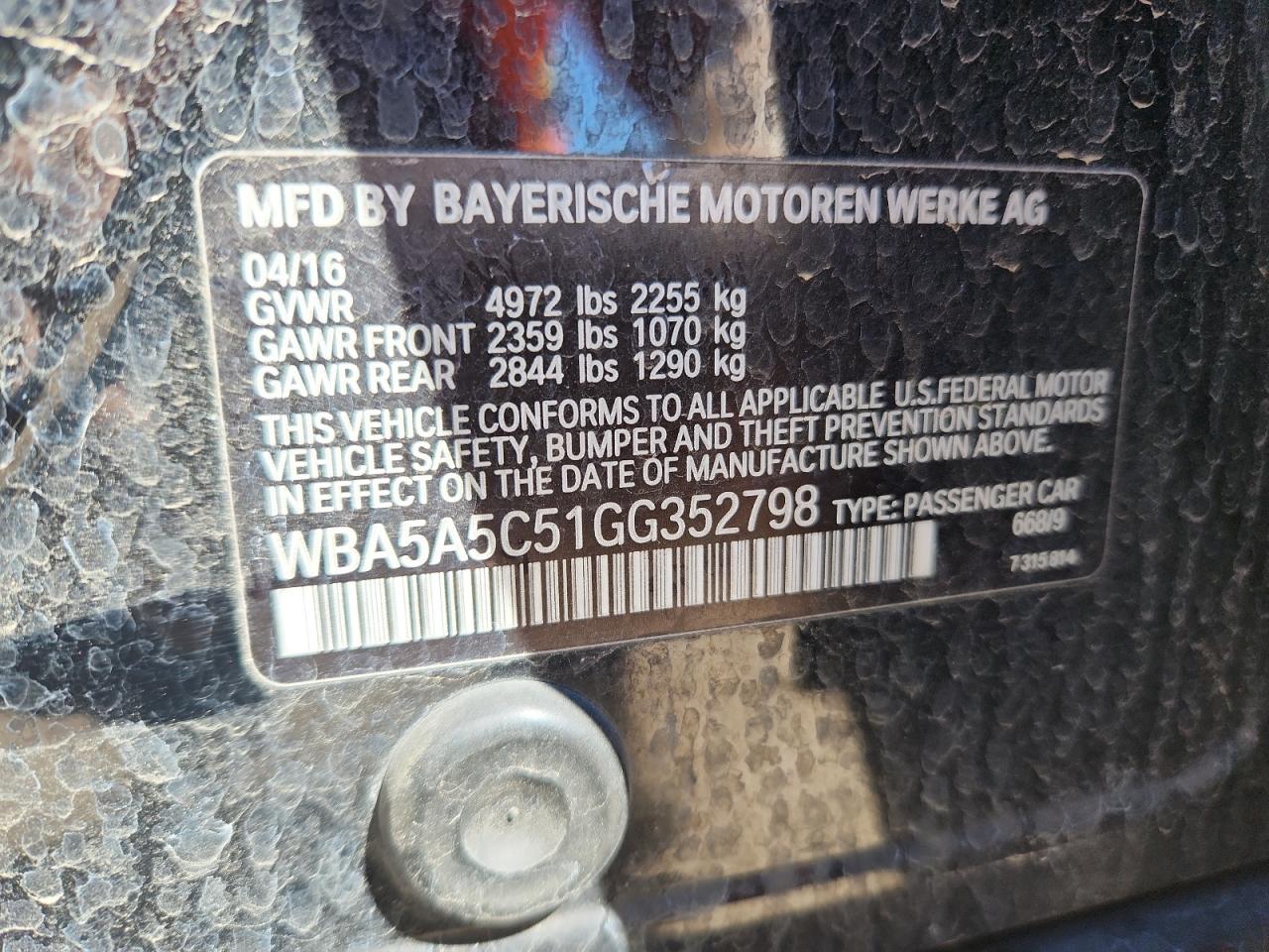 2016 BMW 528 I VIN: WBA5A5C51GG352798 Lot: 71460305