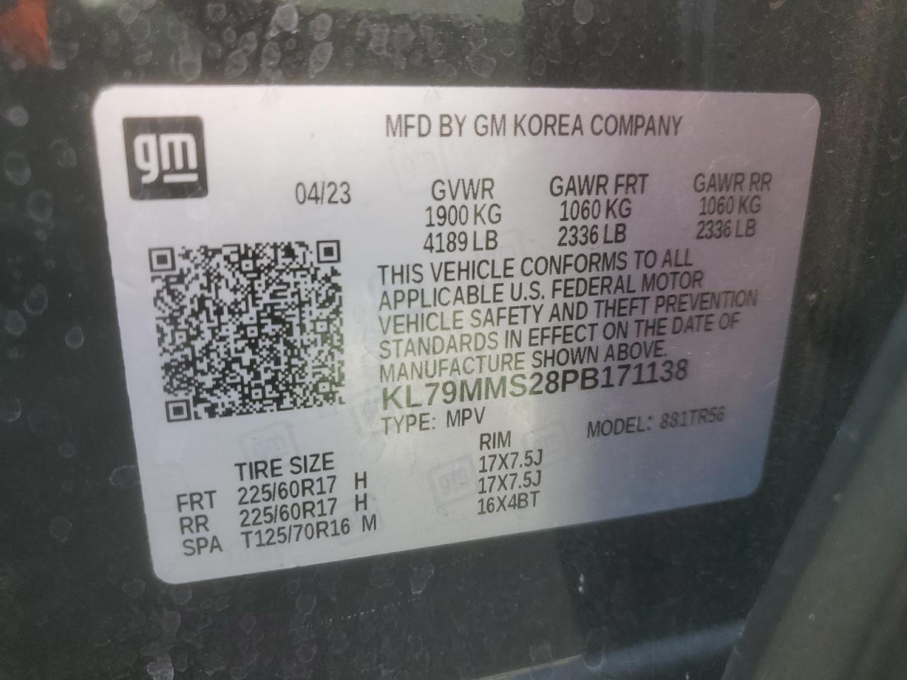 2023 Chevrolet Trailblazer Ls VIN: KL79MMS28PB171138 Lot: 80900865