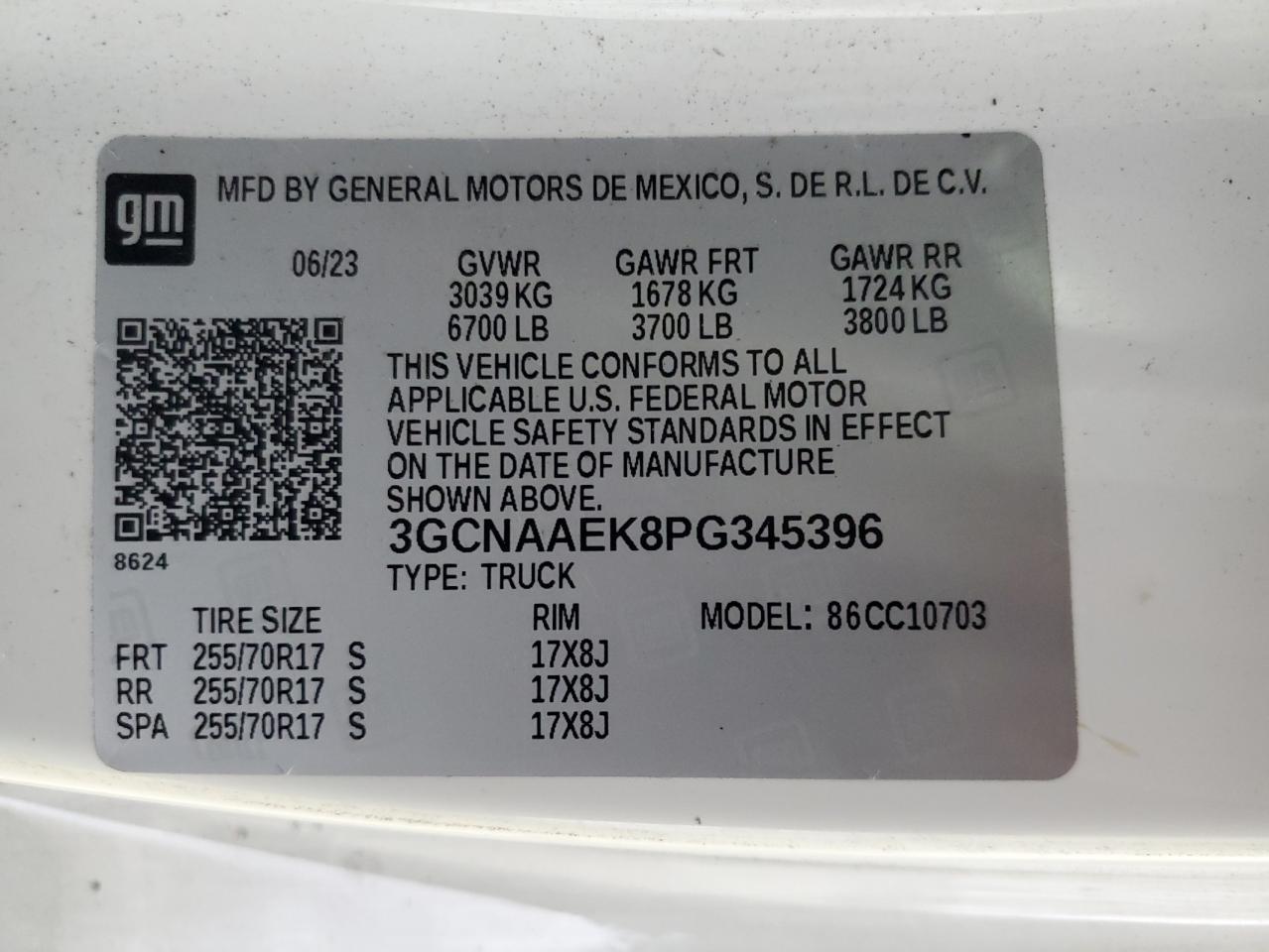 2023 Chevrolet Silverado C1500 VIN: 3GCNAAEK8PG345396 Lot: 83860015