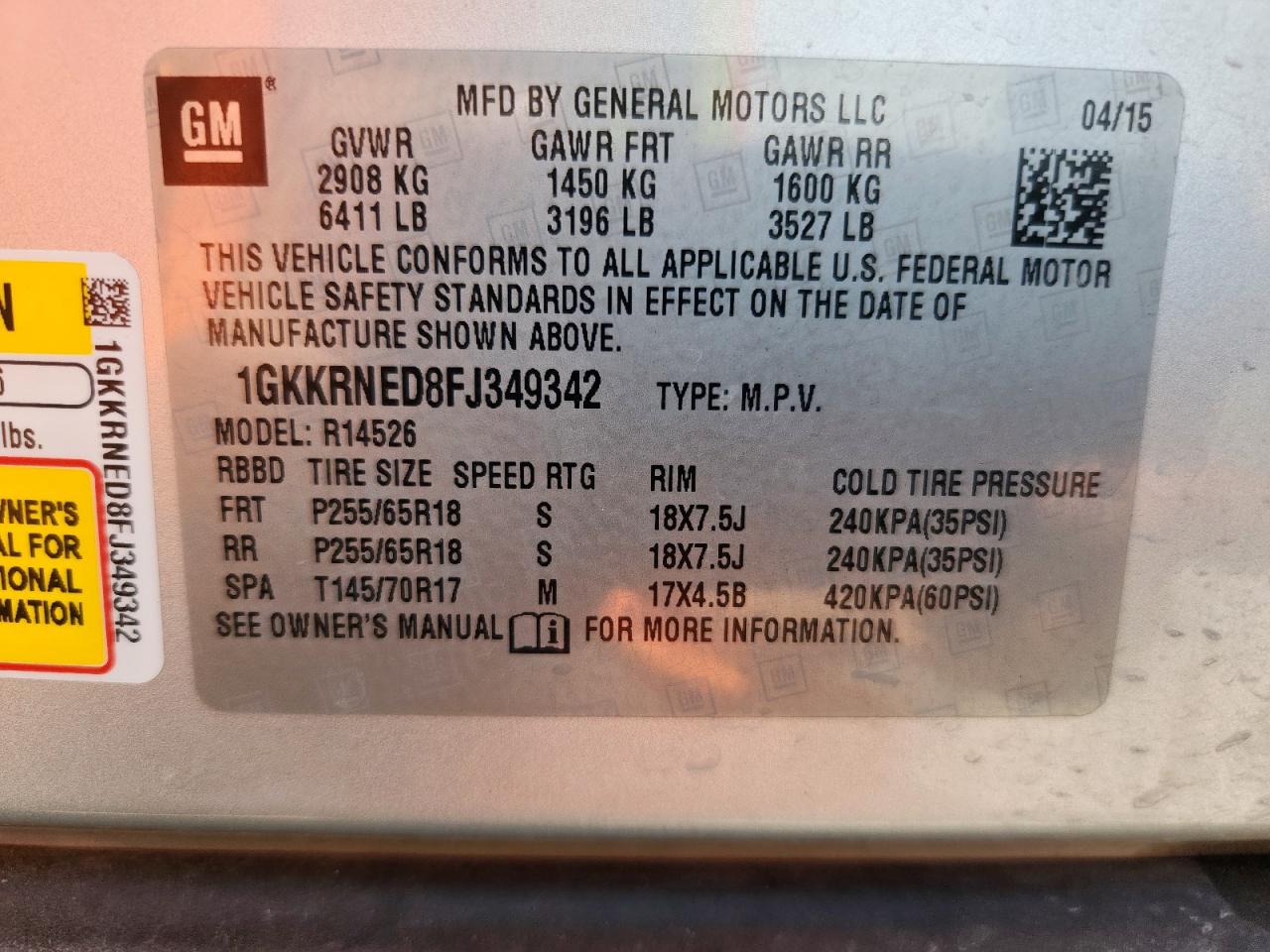 2015 GMC Acadia Sle VIN: 1GKKRNED8FJ349342 Lot: 81046315