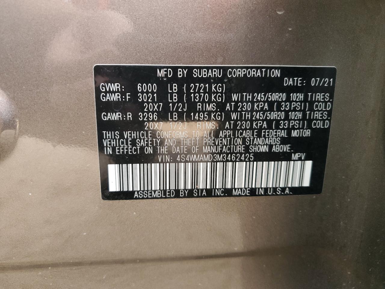 2021 Subaru Ascent Limited VIN: 4S4WMAMD3M3462425 Lot: 71903295