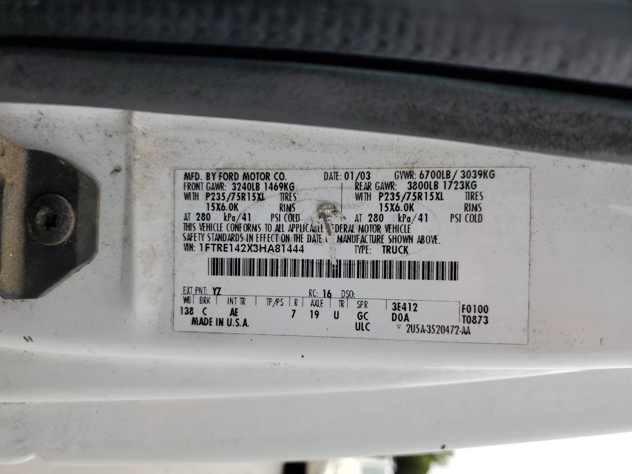 2003 Ford Econoline E150 Van VIN: 1FTRE142X3HA81444 Lot: 81185435