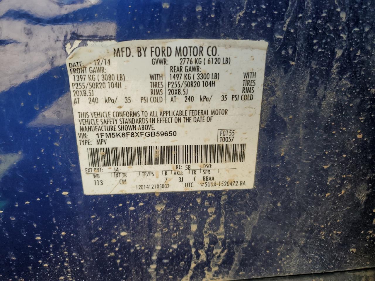 2015 Ford Explorer Limited VIN: 1FM5K8F8XFGB59650 Lot: 70844985