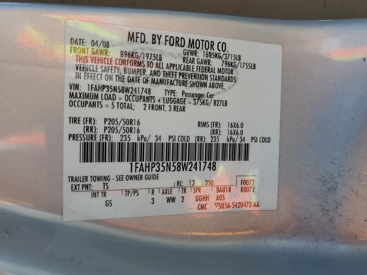 2008 Ford Focus Se VIN: 1FAHP35N58W241748 Lot: 71220465