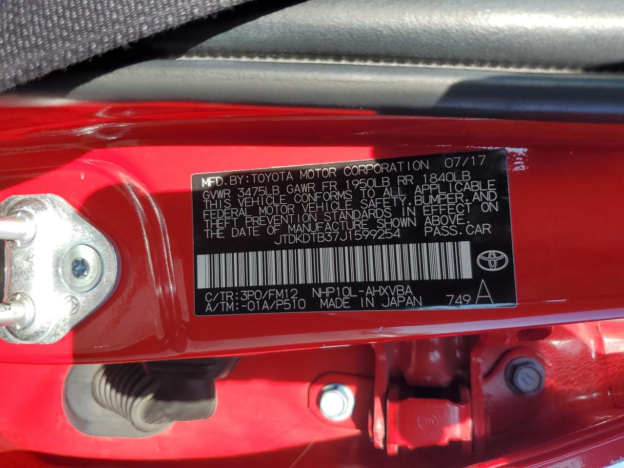 2018 Toyota Prius C VIN: JTDKDTB37J1599254 Lot: 82159825