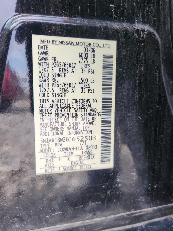 2006 Nissan Pathfinder Le VIN: 5N1AR18W26C652503 Lot: 71619895