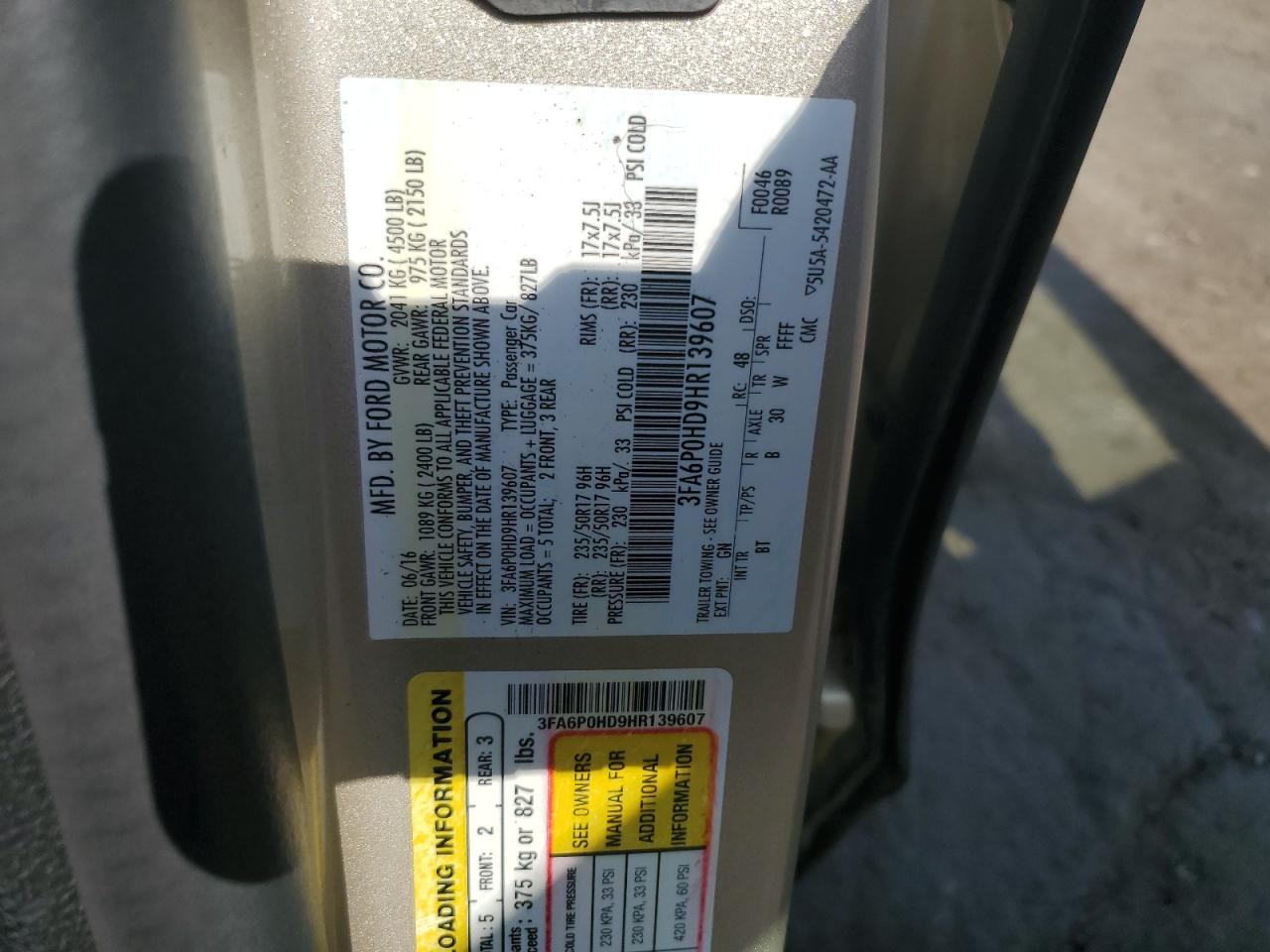 2017 Ford Fusion Se VIN: 3FA6P0HD9HR139607 Lot: 81387565