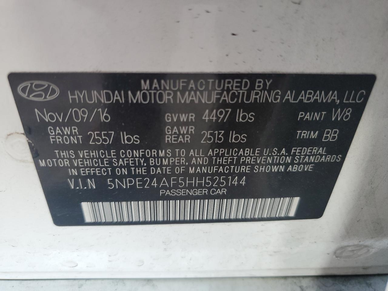 2017 Hyundai Sonata Se VIN: 5NPE24AF5HH525144 Lot: 80911775