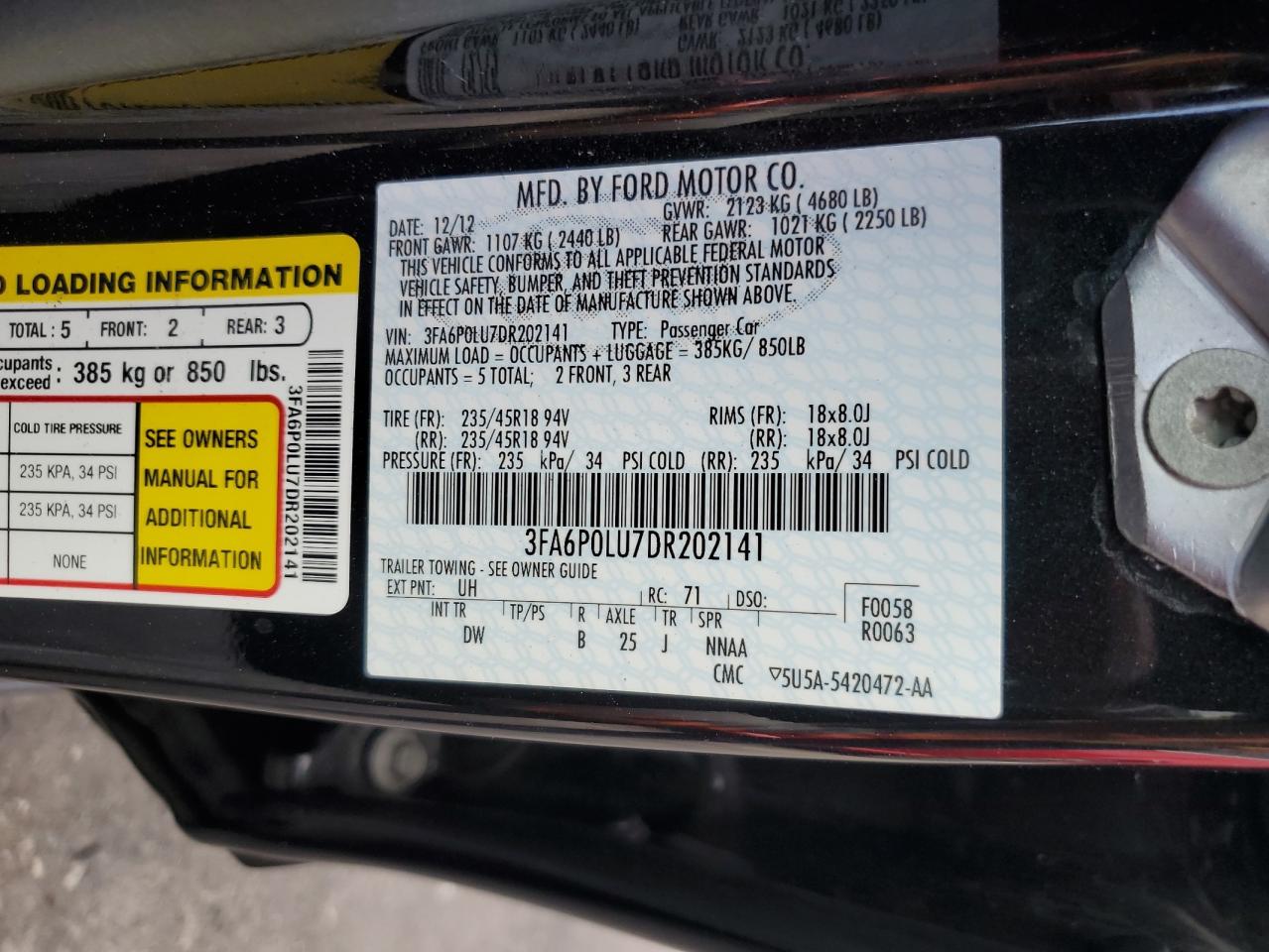 2013 Ford Fusion Se Hybrid VIN: 3FA6P0LU7DR202141 Lot: 84439235