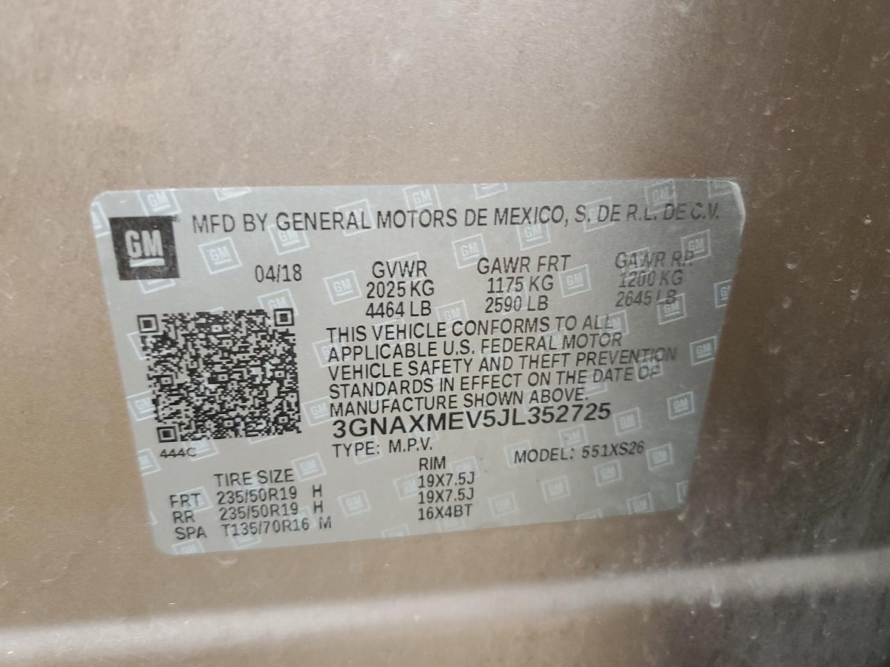 2018 Chevrolet Equinox Premier VIN: 3GNAXMEV5JL352725 Lot: 81042215