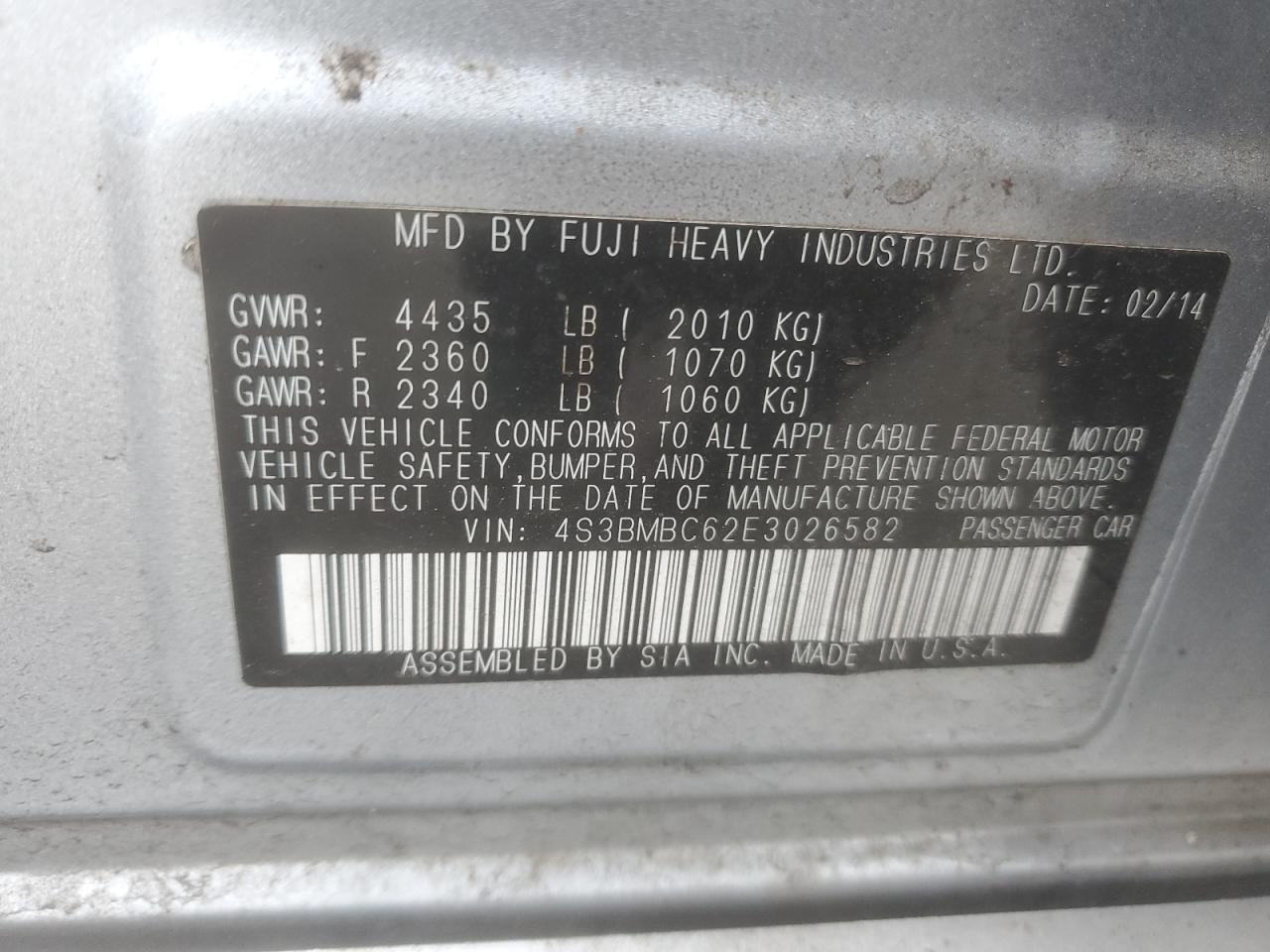 2014 Subaru Legacy 2.5I Premium VIN: 4S3BMBC62E3026582 Lot: 83823795