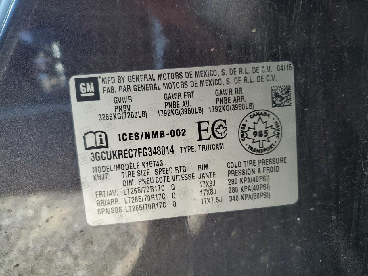 2015 Chevrolet Silverado K1500 Lt VIN: 3GCUKREC7FG348014 Lot: 83866525