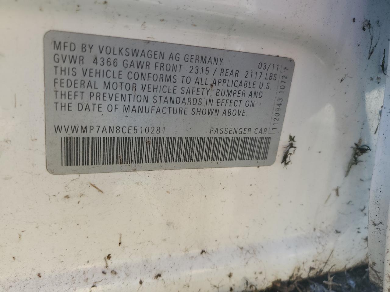 2012 Volkswagen Cc Sport VIN: WVWMP7AN8CE510281 Lot: 81887625