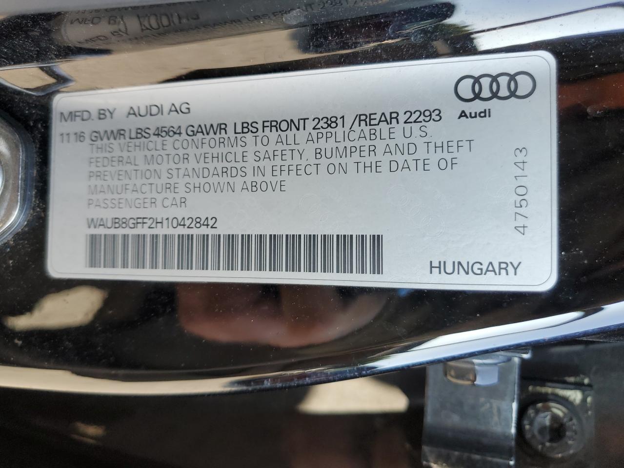 2017 Audi A3 Premium VIN: WAUB8GFF2H1042842 Lot: 71602135