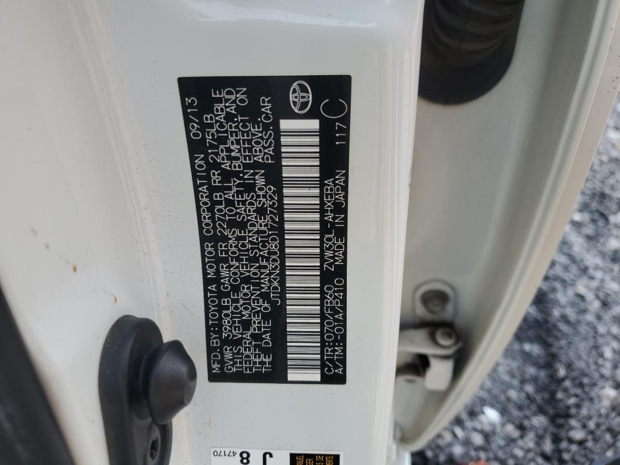 2013 Toyota Prius VIN: JTDKN3DU8D1727329 Lot: 80218565