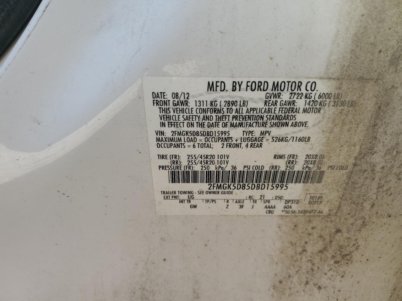 2013 Ford Flex Limited VIN: 2FMGK5D85DBD15995 Lot: 82138935