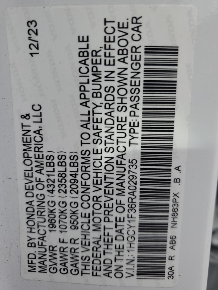2024 Honda Accord Ex VIN: 1HGCY1F36RA029735 Lot: 80147355