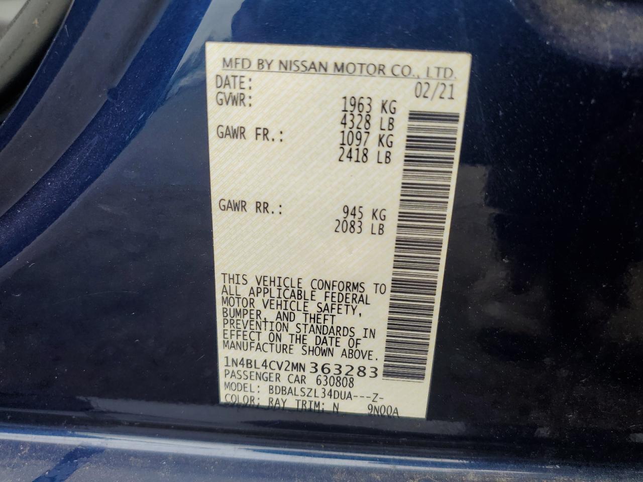 2021 Nissan Altima Sr VIN: 1N4BL4CV2MN363283 Lot: 81393975