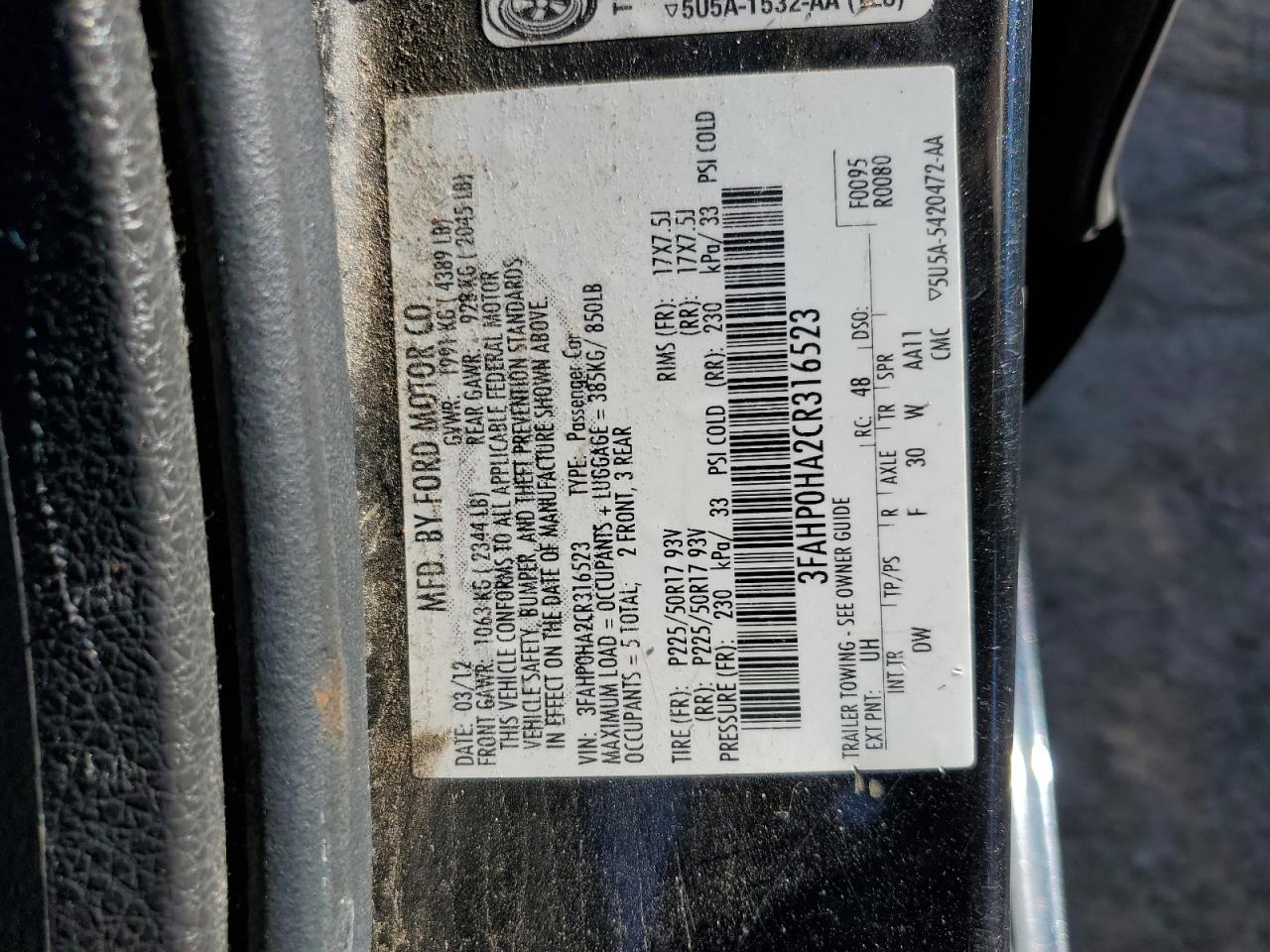 2012 Ford Fusion Se VIN: 3FAHP0HA2CR316523 Lot: 81844355