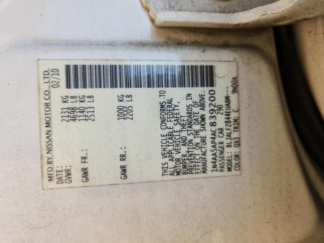 2010 Nissan Maxima S VIN: 1N4AA5AP4AC839200 Lot: 81448465